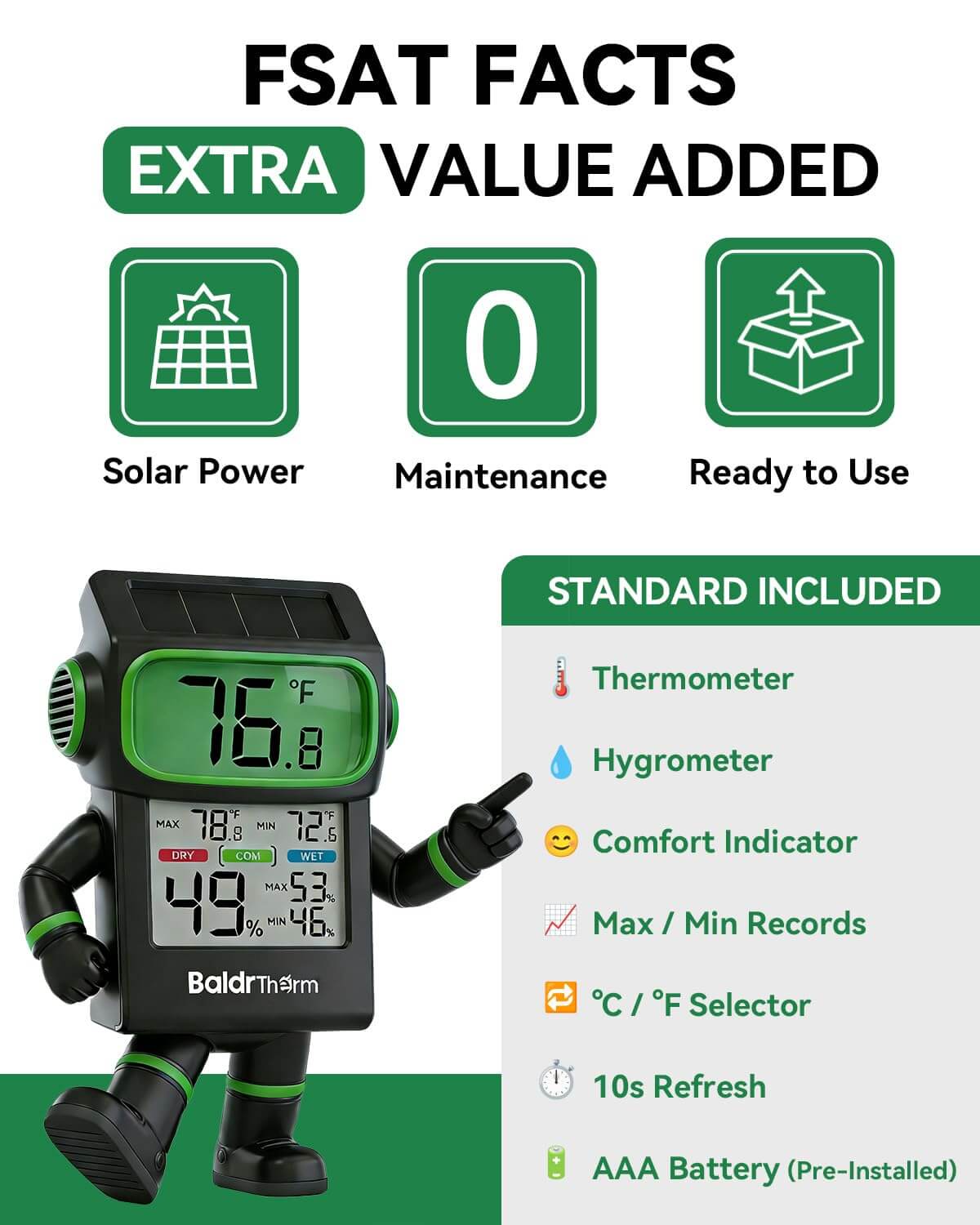 BALDR Solar Indoor Thermometer Hygrometer, Max/Min, Comfort Meter