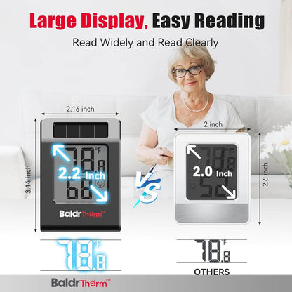 BaldrTherm Humidity Meter Hygrometer, Solar-Powered Room Thermometer 2.2'