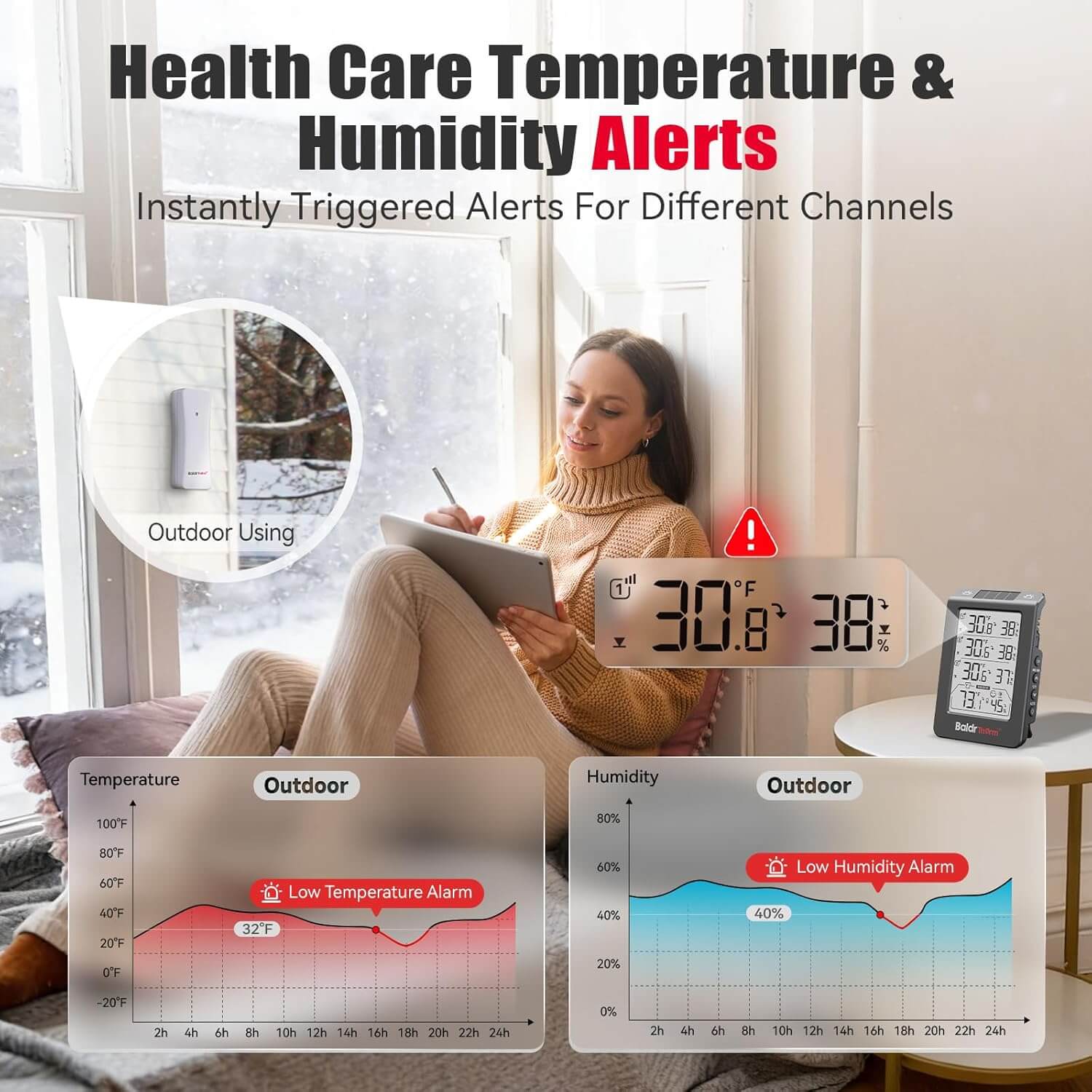 BaldrTherm Solar Outdoor Thermometer, Wireless Temperature & Humidity Monitor with 330ft Range