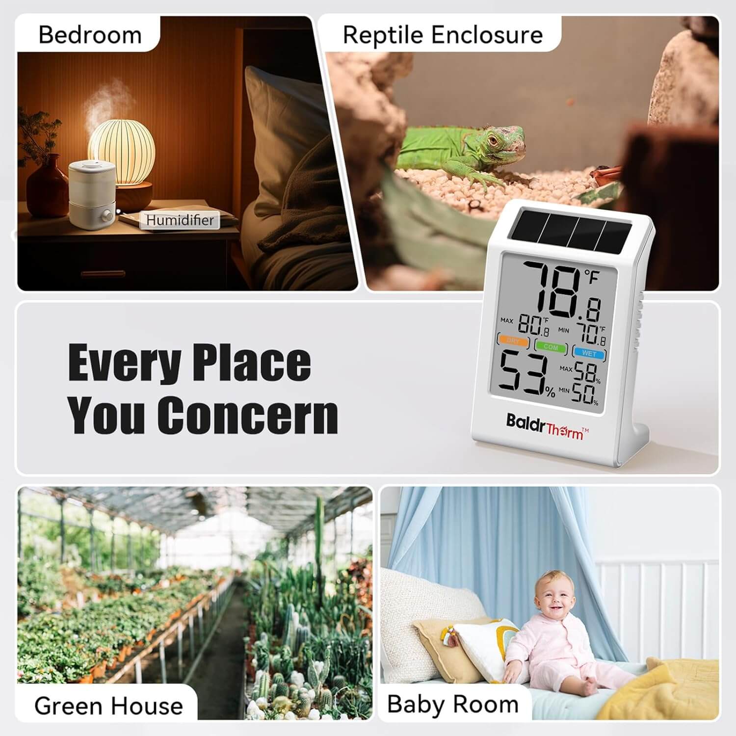 BaldrTherm Room Thermometer Indoor Humidity Meter Solar Powered with Max/Min Memory & Comfort Indicator - 3.2" Large Display for Home, White, 1Pack