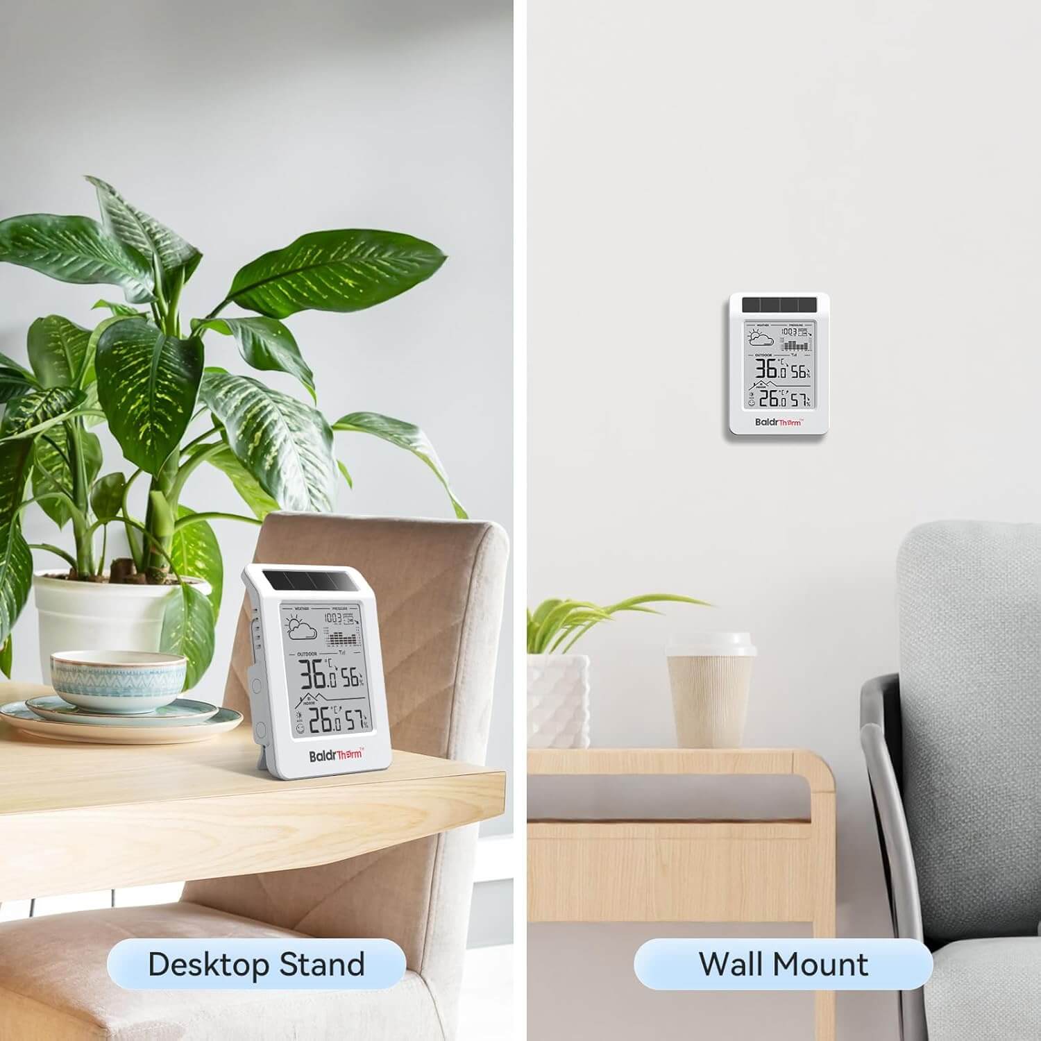 BaldrTherm Solar Wireless Weather Station, PV Extended Range, Dual-Zone Indoor & Outdoor/Childroom Temp Humidity Monitor, Auto Smart Backlight,Temp/Humidity/Barometric Trend Visualization, White