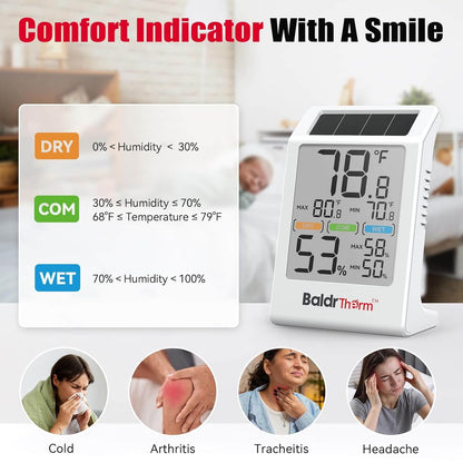 BaldrTherm Room Thermometer Indoor Humidity Meter Solar Powered with Max/Min Memory & Comfort Indicator - 3.2" Large Display for Home, White, 1Pack