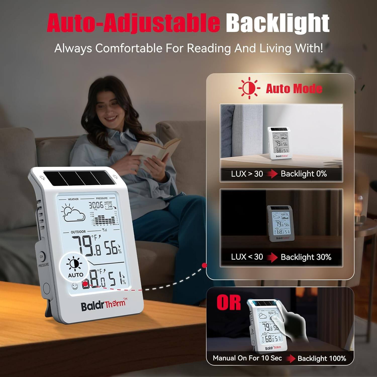 BaldrTherm Solar Wireless Weather Station, PV Extended Range, Dual-Zone Indoor & Outdoor/Childroom Temp Humidity Monitor, Auto Smart Backlight,Temp/Humidity/Barometric Trend Visualization