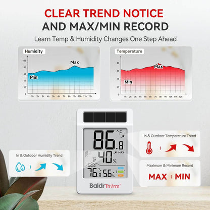 BaldrTherm Digital Hygrometer Indoor Outdoor Thermometer,Wireless Temperature Humidity Monitor with 330ft/100m Range, Multi-Zone Detection, Dual Power Supply & Trend Visualization, 1 Pack