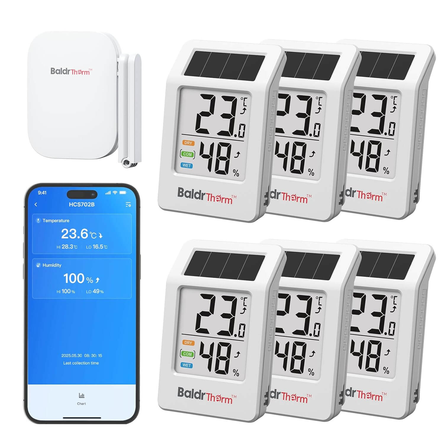 BaldrTherm WiFi Thermometer, Wireless Smart Thermometer, Remote Temperature Monitor with Gateway&Solar Sensor,200ft Coverage, App Alerts,12-Month Battery, Comfort Indicator, Data Sync Recover,6Pack
