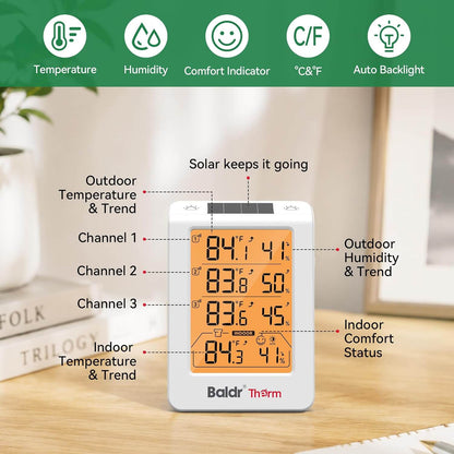 Baldr Wireless Indoor Outdoor Thermometer with 3 Remote Sensors 4.8" LCD