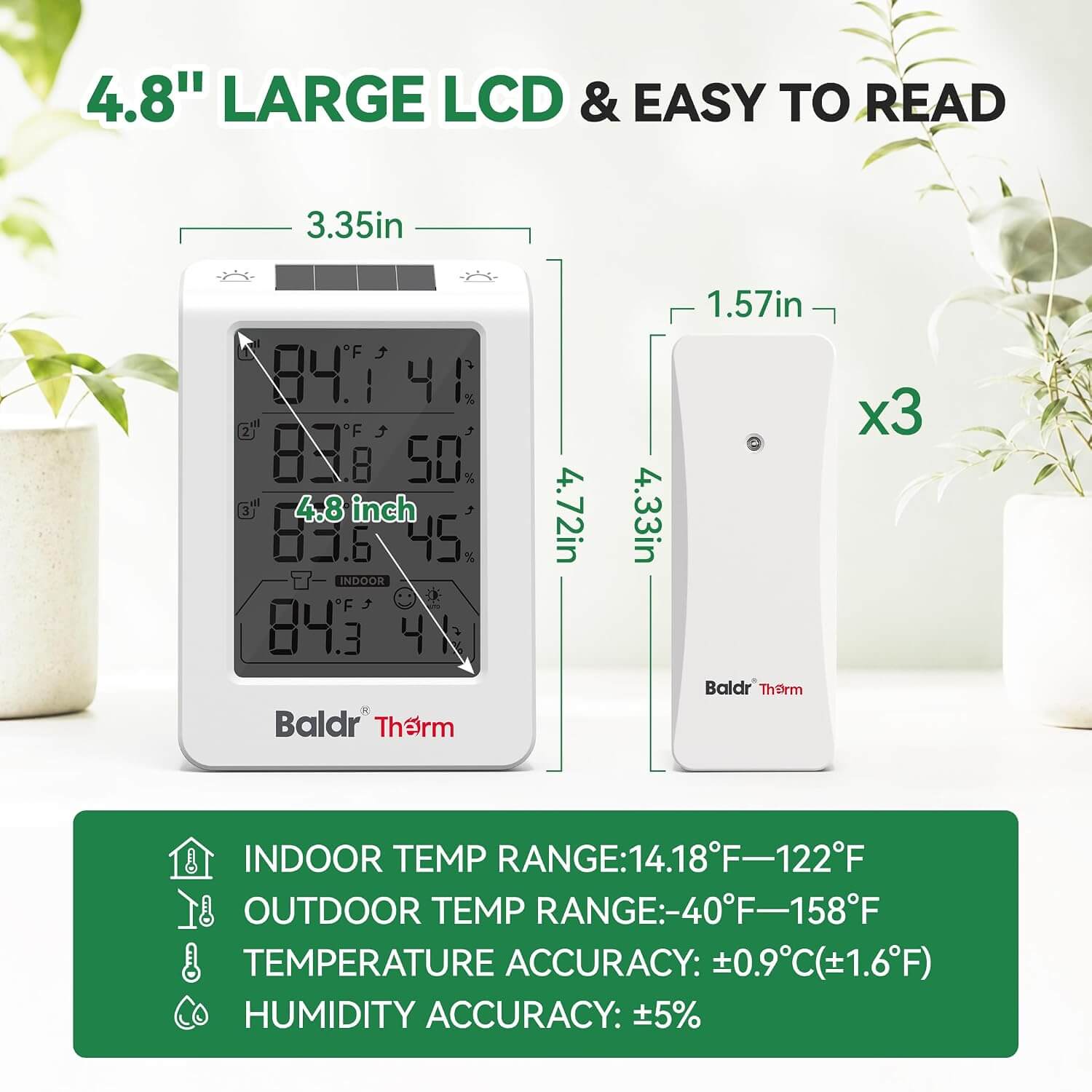 Baldr Wireless Indoor Outdoor Thermometer with 3 Remote Sensors 4.8" LCD