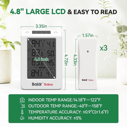 Baldr Wireless Indoor Outdoor Thermometer with 3 Remote Sensors 4.8" LCD