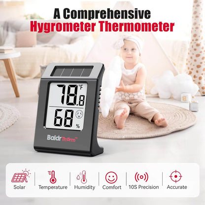 BaldrTherm Humidity Meter Hygrometer, Solar-Powered Room Thermometer 2.2'