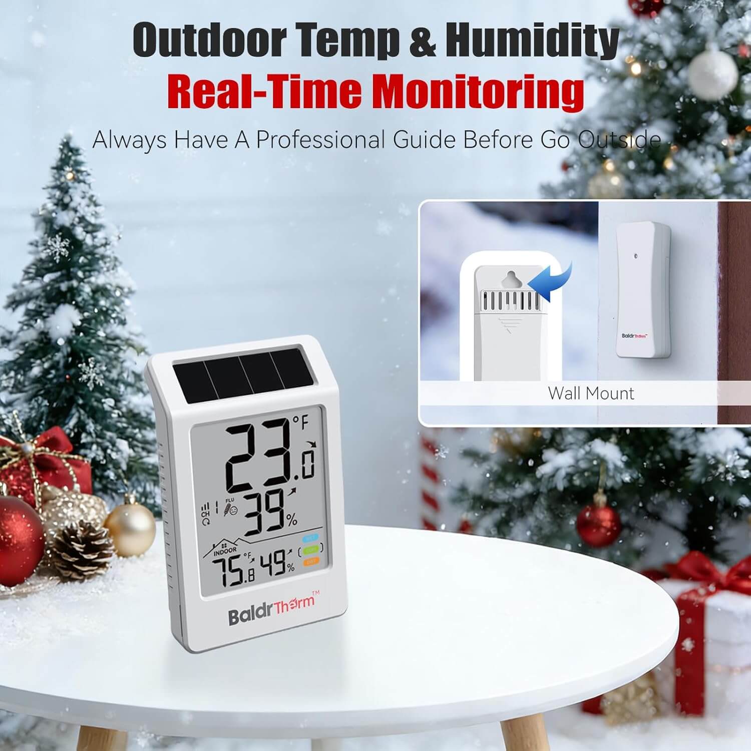 BaldrTherm Digital Hygrometer Indoor Outdoor Thermometer,Wireless Temperature Humidity Monitor with 330ft/100m Range, Multi-Zone Detection, Dual Power Supply & Trend Visualization, 1 Pack
