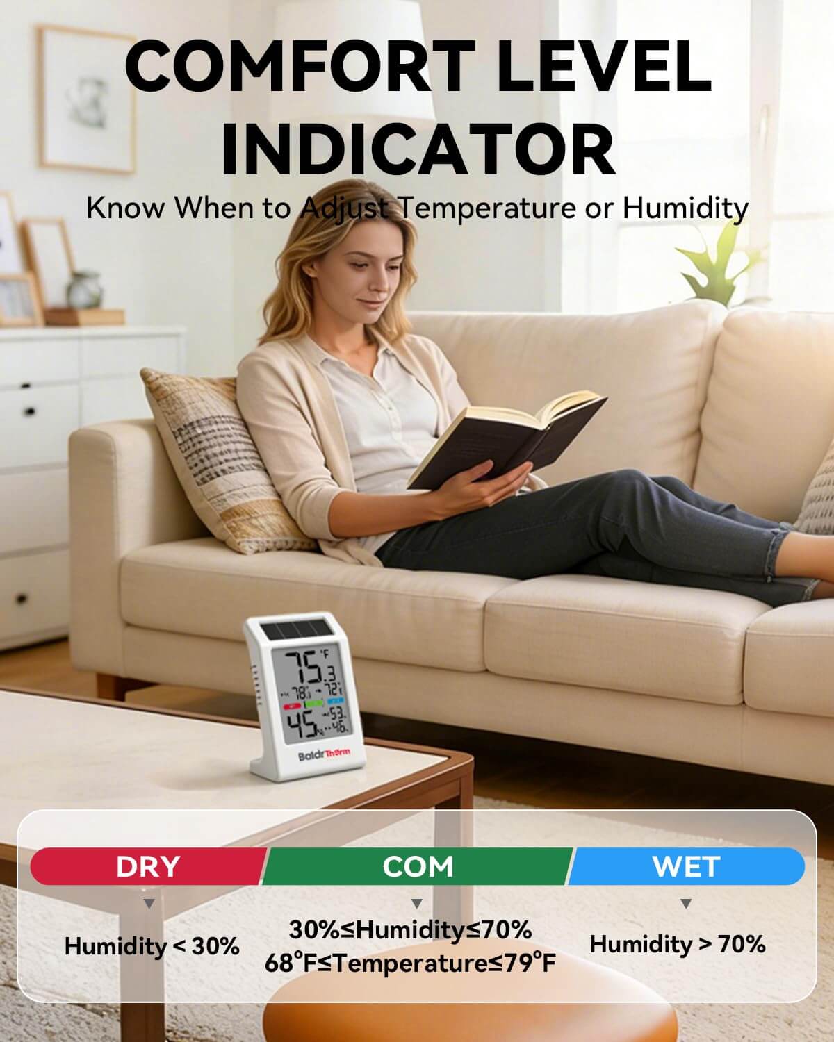 BALDR Solar Indoor Thermometer Hygrometer, Max/Min, Comfort Meter