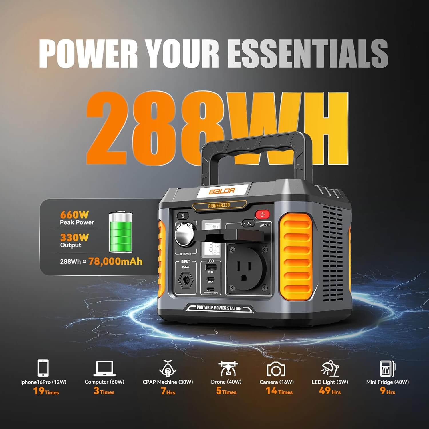 BaldrTherm 330W Solar Generator - 288Wh, Pure Sine Wave, CPAP Ready