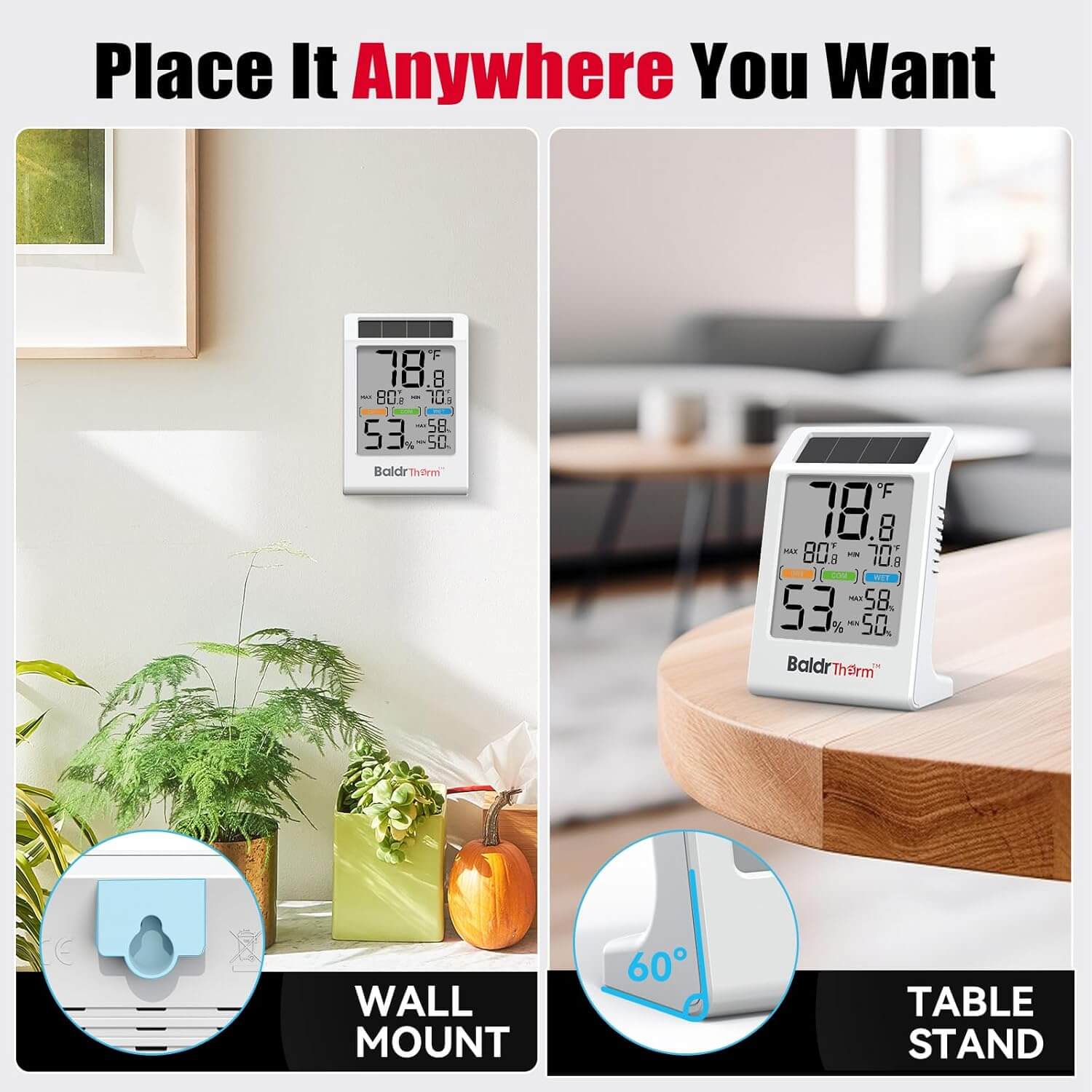 BaldrTherm Room Thermometer Indoor Humidity Meter Solar Powered with Max/Min Memory & Comfort Indicator - 3.2" Large Display for Home, White, 1Pack