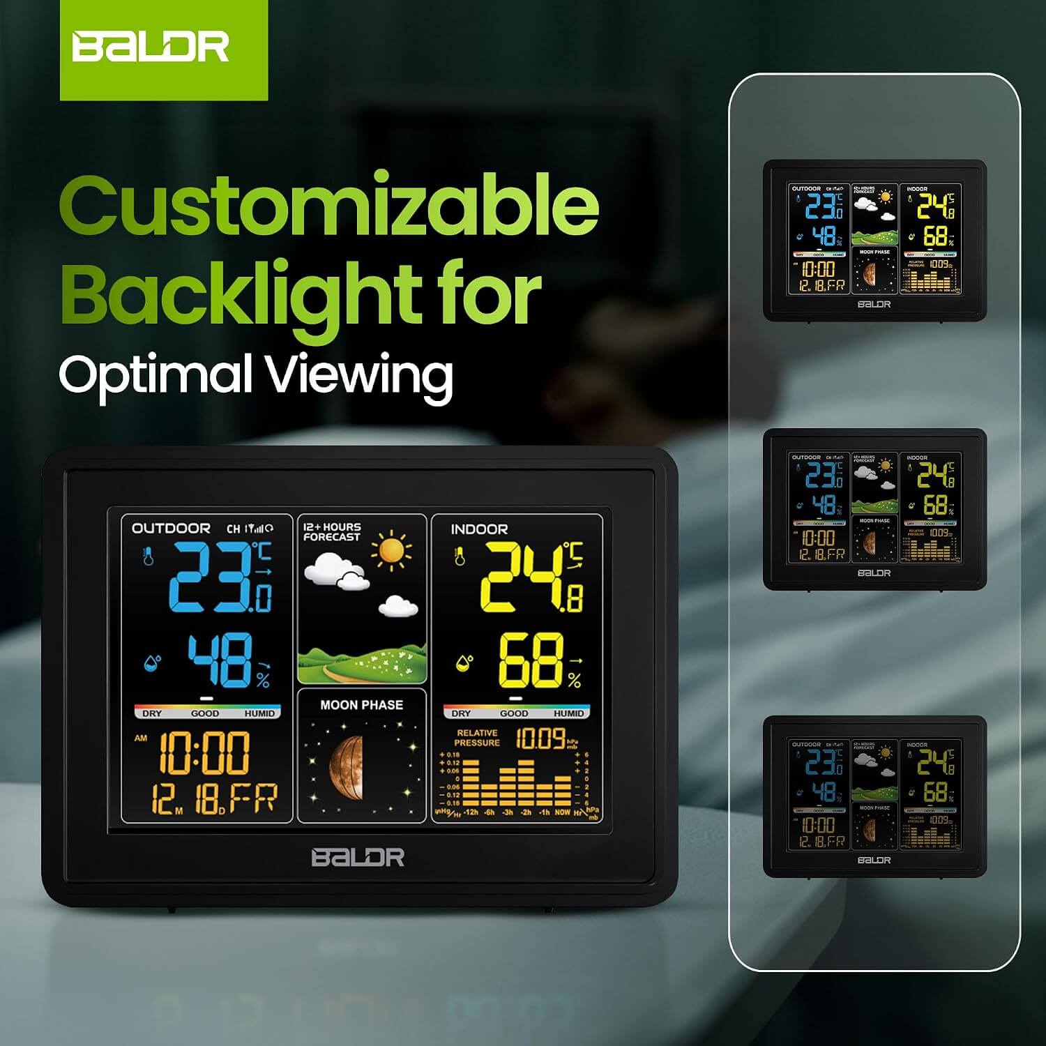 BALDR Wireless Digital Weather Station - Indoor Outdoor Thermometer Wireless Home Weather Station with Remote Sensor, Atomic Alarm Clock, Moon Phase & Barometric History Display, Weather Clock