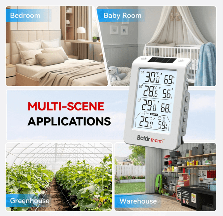 BaldrTherm Solar Outdoor Thermometer, Wireless Temperature & Humidity Monitor