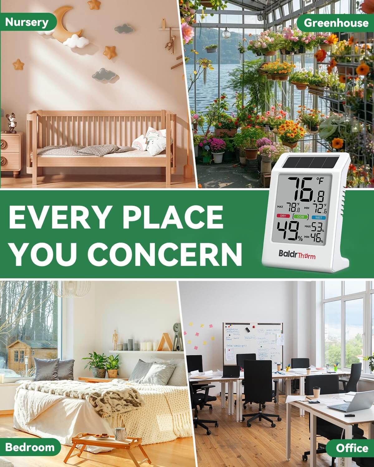 BALDR Solar Indoor Thermometer Hygrometer, Max/Min, Comfort Meter