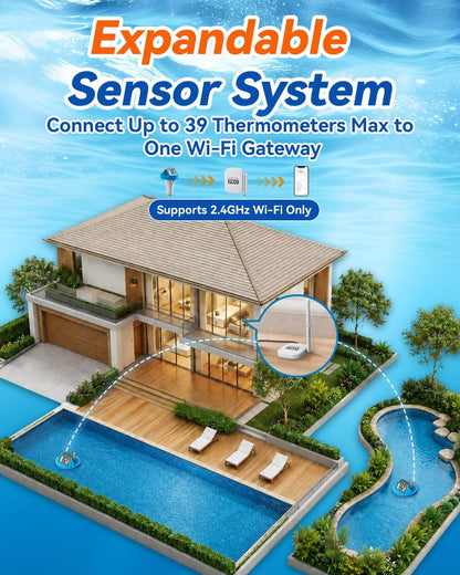 WiFi Pool Thermometer Floating, Solar Temperature with Smart Gateway, IPX8