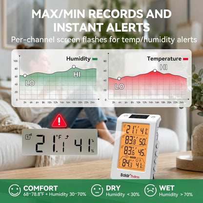 Baldr Wireless Indoor Outdoor Thermometer with 3 Remote Sensors 4.8" LCD