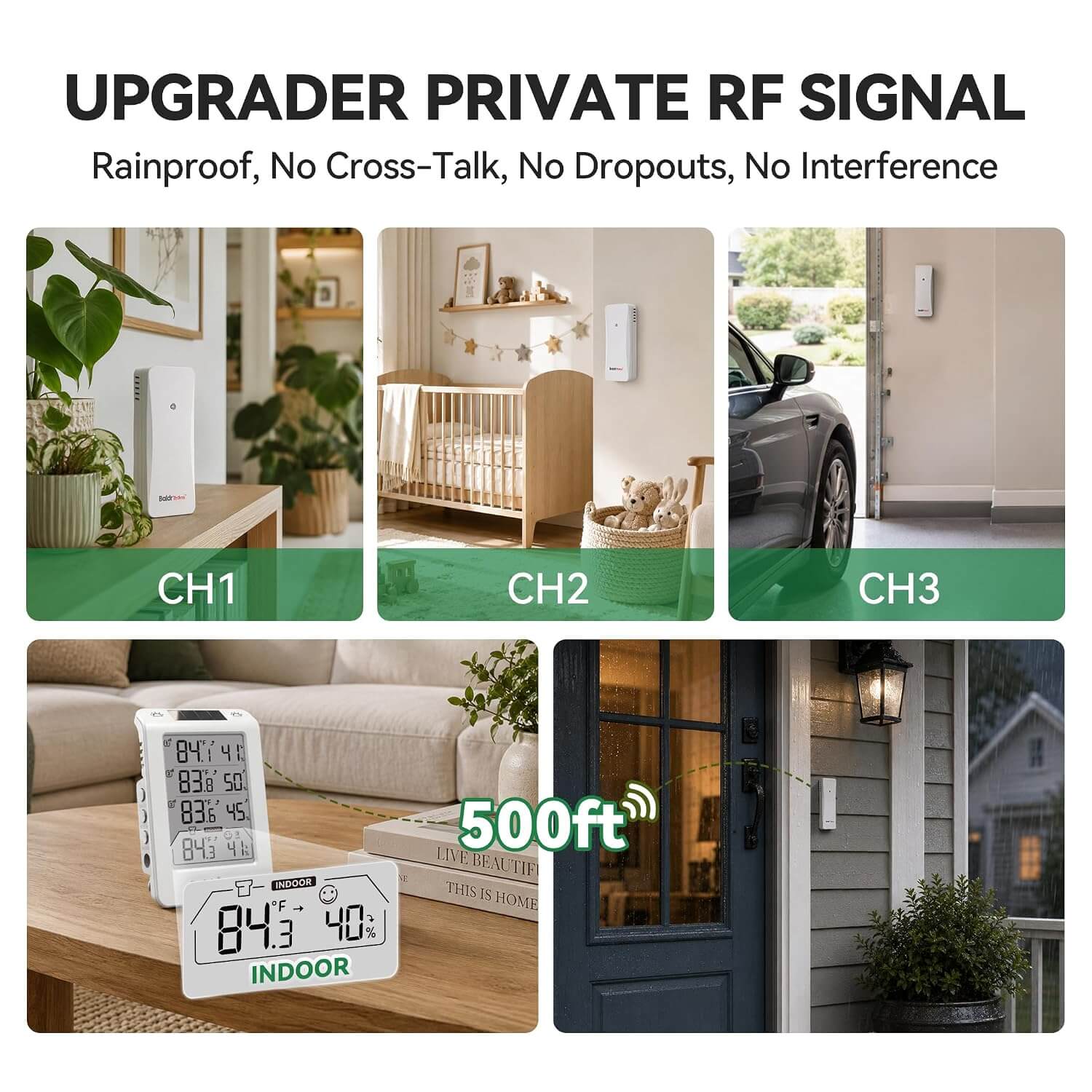 Baldr Wireless Indoor Outdoor Thermometer with 3 Remote Sensors 4.8" LCD