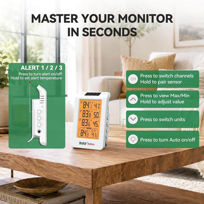 Baldr Wireless Indoor Outdoor Thermometer with 3 Remote Sensors 4.8" LCD