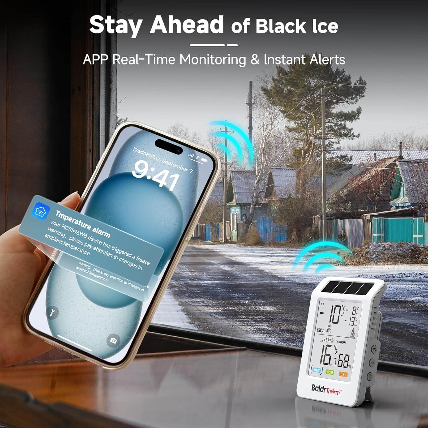 BaldrTherm WiFi Bluetooth Thermometer Hygrometer, Solar Boost, WiFi Remote Monitoring, Smart Alerts (Black Ice), City Temp Sync for Home/Baby Room/Plant Room, 1pack