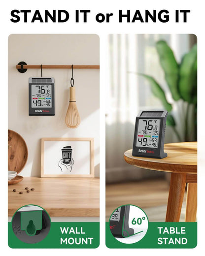 BaldrTherm Indoor Thermometer Hygrometer, Solar Power with Battery Backup, Large Display, Daily Max/Min & Comfort Indicator Humidity Meter（Black）