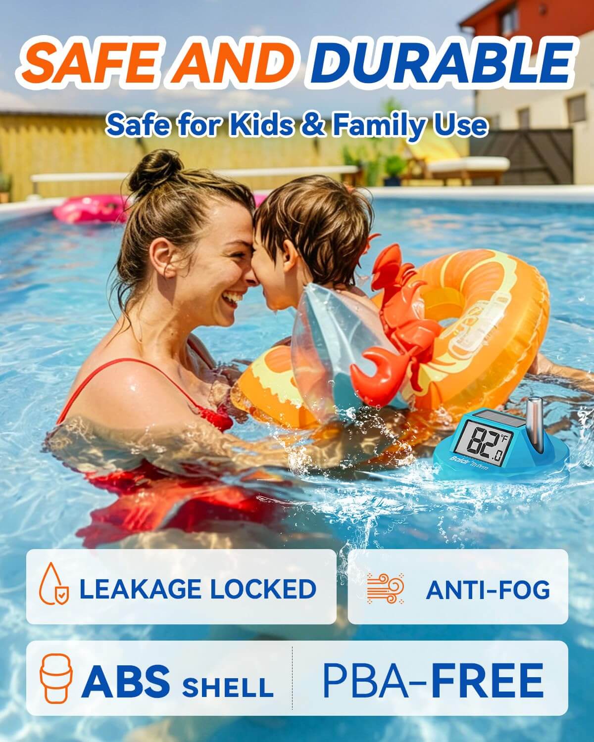 BaldrTherm Wireless Pool Thermometer Floating Easy Read, 2026 Upgrade Solar Powered Water Temperature Gauge with Indoor Display, IPX8 Waterproof 500FT Monitior Range for Pools,Hot Tubs,Spas, Baths, Blue