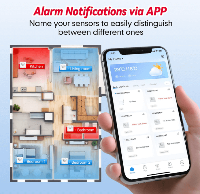 Smart home app with room layout and smartphone displaying app interface on a light blue background