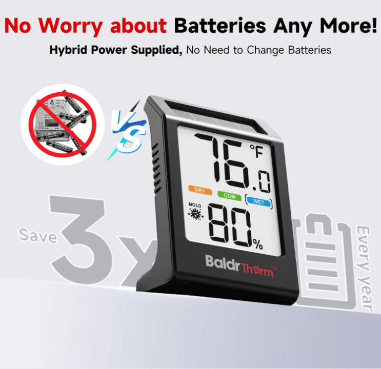BaldrTherm Humidity Meter Hygrometer – 3.2'' Solar Room Thermometer