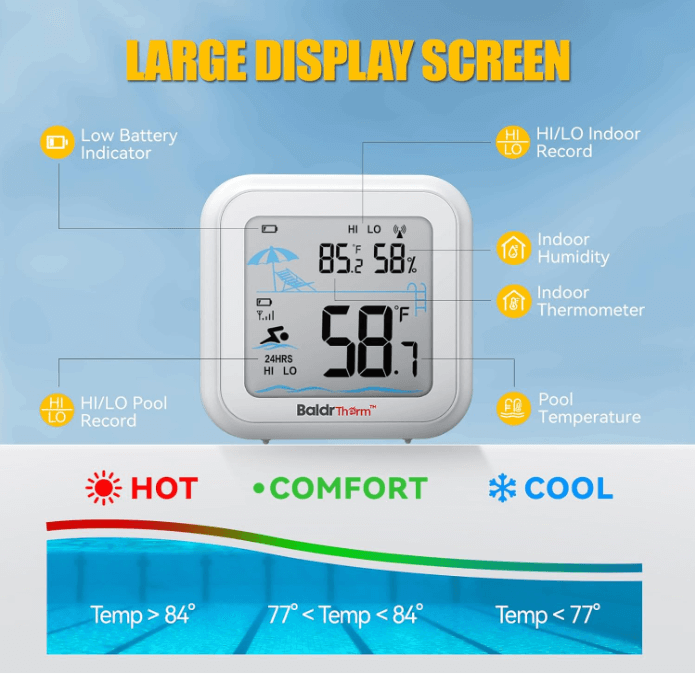 BaldrTherm Easy-Read Floating Pool Thermometer with Indoor Monitor