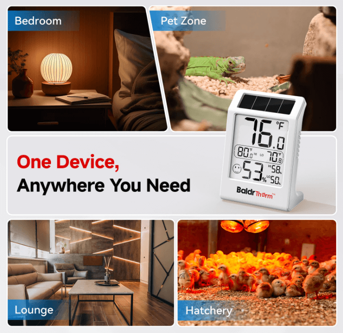 BaldrTherm Humidity Meter Hygrometer – 3-Pack Solar Room Thermometer
